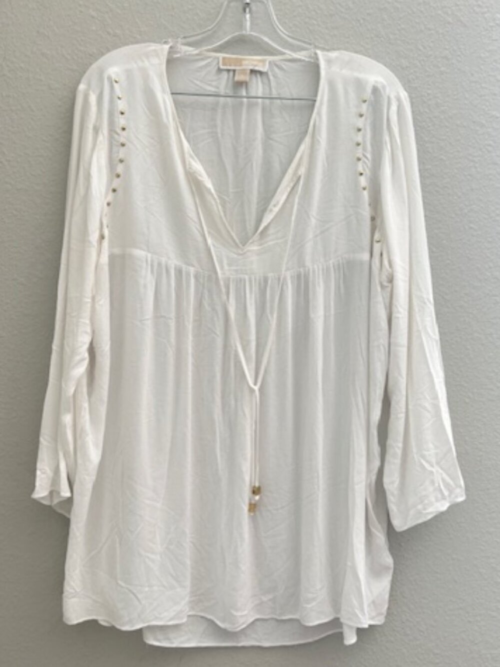 Michael Kors Chiffon Blouse White Tassle Flutter Top Pullover Keyhole Studs L
